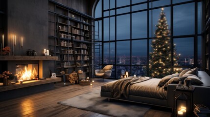 Interior of modern cozy luxurious studio with Christmas decor. Blazing hearth, burning candles, elegant Christmas tree, comfortable couch, bookshelves, panoramic windows with stunning city view.