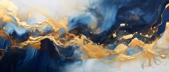 Foto op Plexiglas Tło abstrakcyjne olej na płótnie malowany farbami granatowymi i złotą farbą. Tekstura plamy.  © yeseyes9