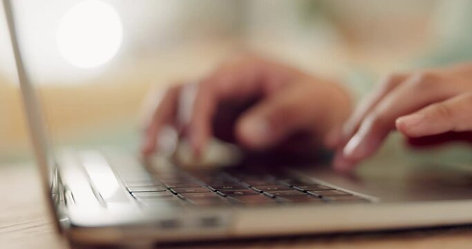 Laptop, research and hands of person typing creative blog, email communication or writer editing copywriting project. Tech, closeup keyboard or freelance editor doing an article, story or remote work