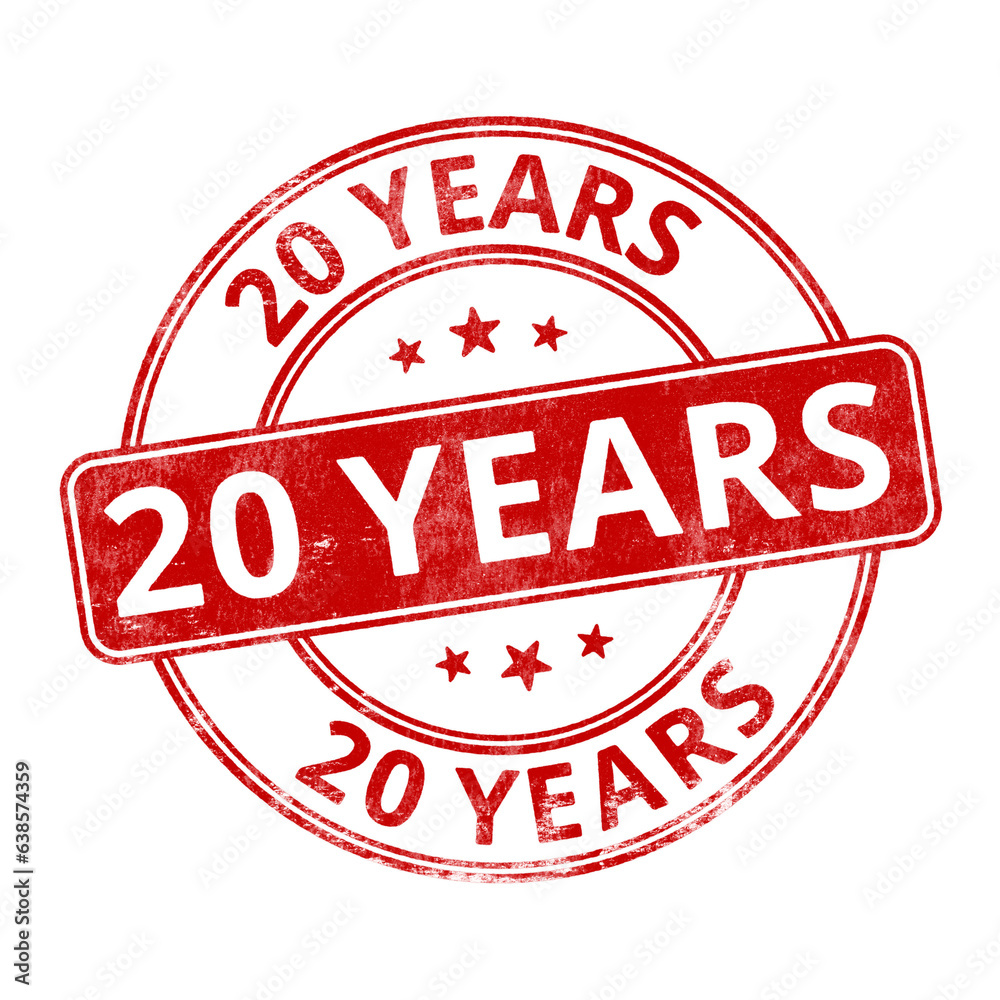 Canvas Prints ‘20 years’ circular red rubber stamp seal with distressed texture isolated on transparent background