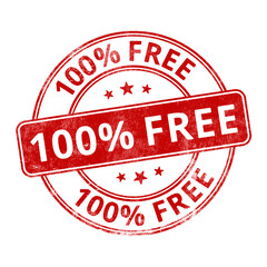 &lsquo;100% Free&rsquo; circular red rubber stamp seal with distressed texture isolated on transparent background