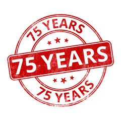 ‘75 Years’ circular red rubber stamp seal with distressed texture isolated on transparent background
