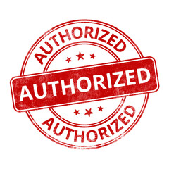 ‘Authorized’ circular red rubber stamp seal with distressed texture isolated on transparent background