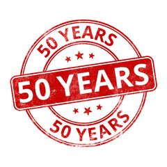 ‘50 Years’ circular red rubber stamp seal with distressed texture isolated on transparent background