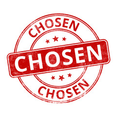 ‘Chosen’ circular red rubber stamp seal with distressed texture isolated on transparent background