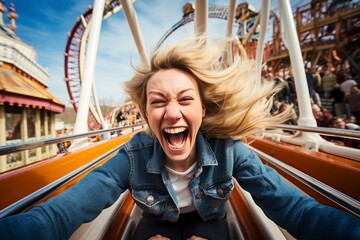 Fototapeta na wymiar smiling woman on a roller coaster