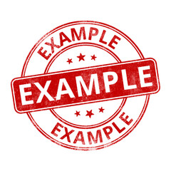 ‘Example’ circular red rubber stamp seal with distressed texture isolated on transparent background
