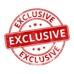 ‘Exclusive’ circular red rubber stamp seal with distressed texture isolated on transparent background