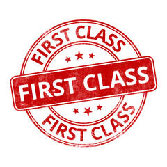 ‘First Class’ circular red rubber stamp seal with distressed texture isolated on transparent background