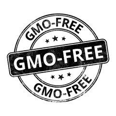 ‘GMO-Free’ circular rubber stamp seal with distressed texture isolated on transparent background