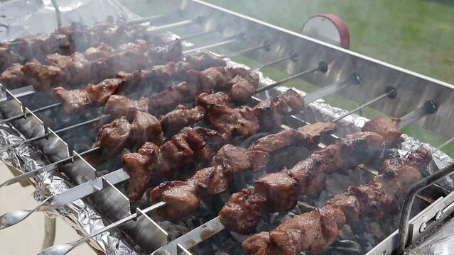 Fried shish kebab on an electric grill, close-up