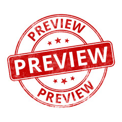 ‘Preview’ circular red rubber stamp seal with distressed texture isolated on transparent background