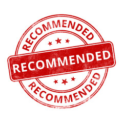 ‘Recommended’ circular red rubber stamp seal with distressed texture isolated on transparent background