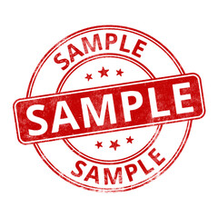 ‘Sample’ circular red rubber stamp seal with distressed texture isolated on transparent background