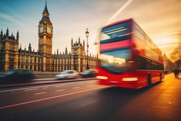 Big Ben and Red Bus in Movement