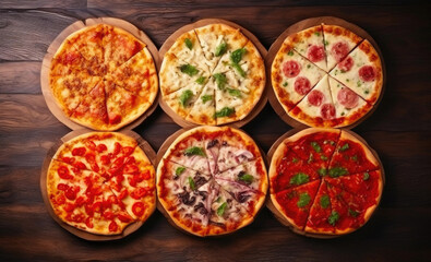 Fototapeta na wymiar Variety of Freshly Cut Italian Pizza Slices from Above