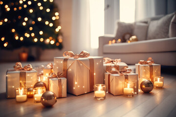 Fototapeta na wymiar Christmas gift boxes on blur living room with Christmas tree background. Generative AI.