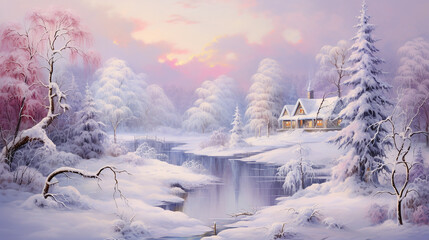 A winter scene, cabin in the woods - obrazy, fototapety, plakaty