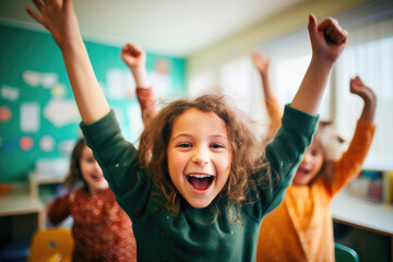 Happy Teacher and Students Celebrate Classroom Success