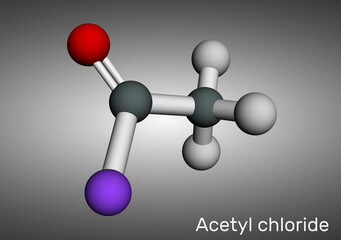 Acetyl chloride molecule. It is acyl chloride, acyl halide. Molecule model. Molecular model. 3D rendering.