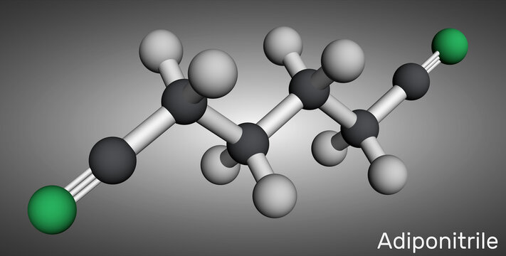 Adiponitrile molecule. It is precursor to the polymer nylon 66. Molecular model. 3D rendering.