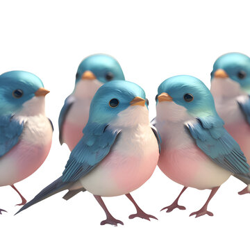 Blue and pink birds isolated on white background. 3D illustration.