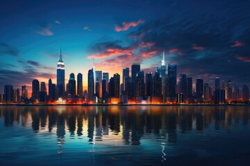 Fototapeta na wymiar Glowing NYC Skyline over the Water