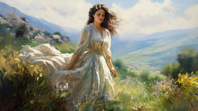Oil painting artistic image of pretty woman, with a flowing summer dress, generative ai