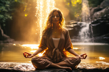 Young woman meditating and doing yoga practicing on waterfall background. 