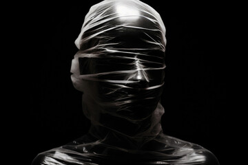 Dark Portrait of Cellophane-Wrapped Head