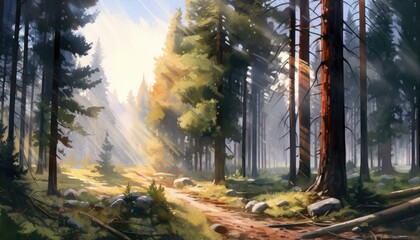 Obraz premium Watercolor illustration of pine forest with sunny rays in pale light colors.
