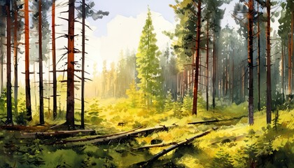 Watercolor illustration of pine forest with sunny rays in pale light colors.