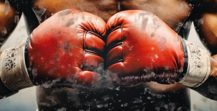 zwei rote Boxhandschuhe werden vor den Oberk&ouml;rper aneinander gepresst, two red boxing gloves are pressed together in front of the torso