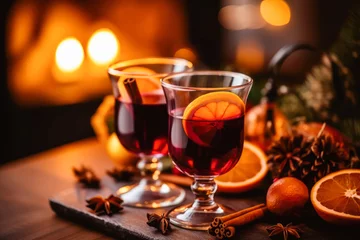 Fotobehang Christmas Mulled Red Wine with Orange and Spices. Generative AI.   © julijadmi
