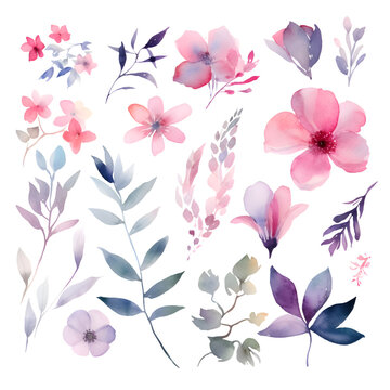 Watercolor floral set. Hand painted flowers and leaves. Vector illustration.