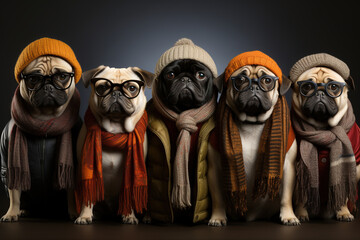 A group of serious, solid, funny dogs in winter hats, scarves, and glasses are lined up in a row. Generation AI