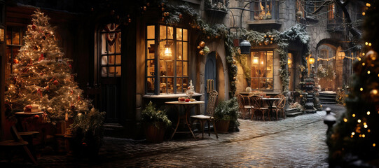 Fototapeta premium Panorama of a festive Christmas city at night with a Christmas tree, decorations and lights, AI generation