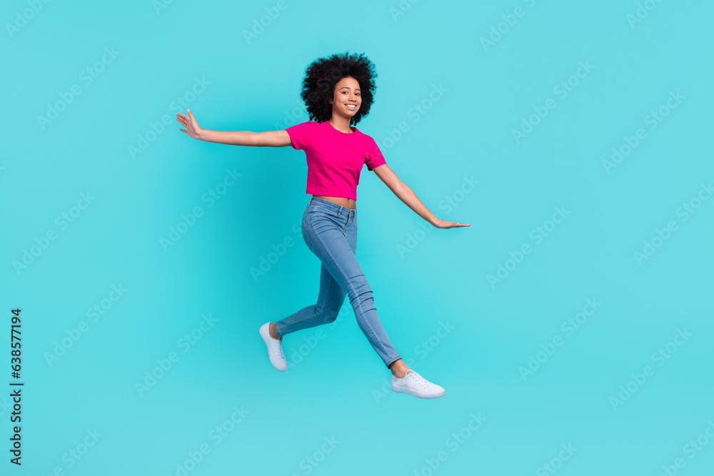 Poster full size profile portrait of little person jumping rush empty space have good mood isolated on turq