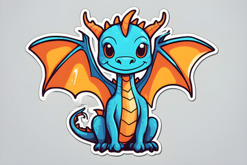 Obraz premium Cute blue cartoon dragon with big eyes and orange wings, smiling cheerfully.