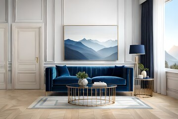 A plush blue couch for relaxation in a modern living room