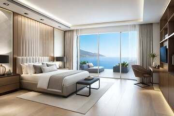 Naklejka na ściany i meble Unwind in a Luxurious Bedroom with a Mountain View