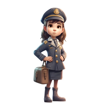 3D illustration of a cute girl in a police uniform with a suitcase