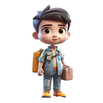 3D Render of Little Boy with Suitcase on his Shoulder