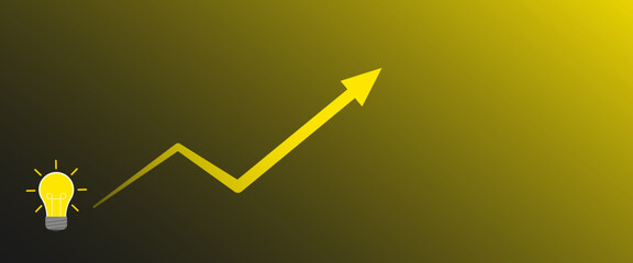 A yellow arrow rises from a light bulb to success on a yellow background. Financial growth, investment, income growth graph, sales concept, profit increase, financial report graph. Banner, vector.