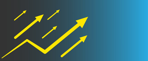 6 yellow arrows indicating success on a blue background. Financial growth, investment, income growth graph, sales concept, profit increase, financial report graph. Banner, vector.