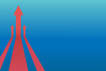 On a blue background, 3 red arrows go up. Financial growth, investment, income growth graph, sales concept, profit increase, financial report graph. Banner, vector.