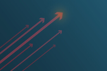 On a blue background, 6 red arrows go up rapidly. Financial growth, investment, income growth graph, sales concept, profit increase, financial report graph. Vector, banner.