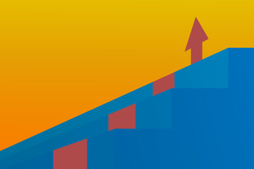 The red arrow goes up the stairs on an orange background. Financial growth, investment, income growth graph, sales concept, profit increase, financial report graph. Vector, banner.