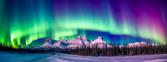 aurora borealis in the sky above mountain landscape, banner