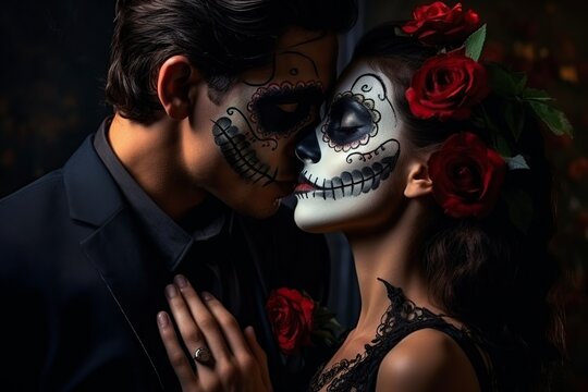 woman with flowers in a dark hair disguised celebrating the day of the dead